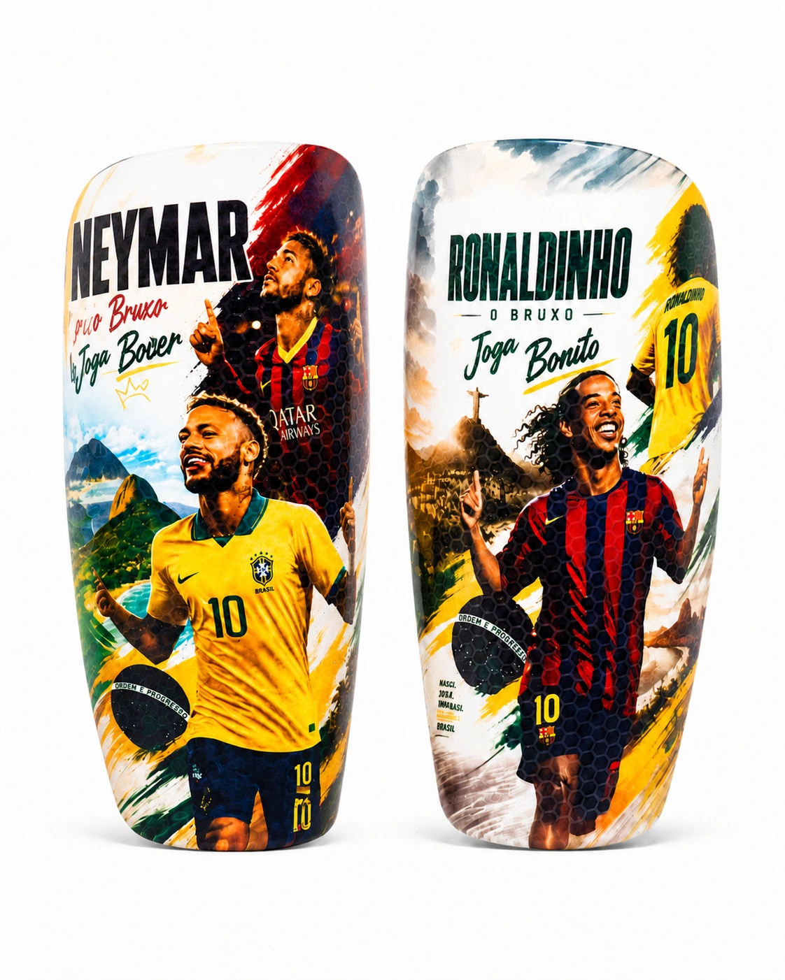 Personalisierte Fan2Pitch Pro Schienbeinschoner im Joga Bonito Design mit Neymar und Ronaldinho im Brasilien-Trikot