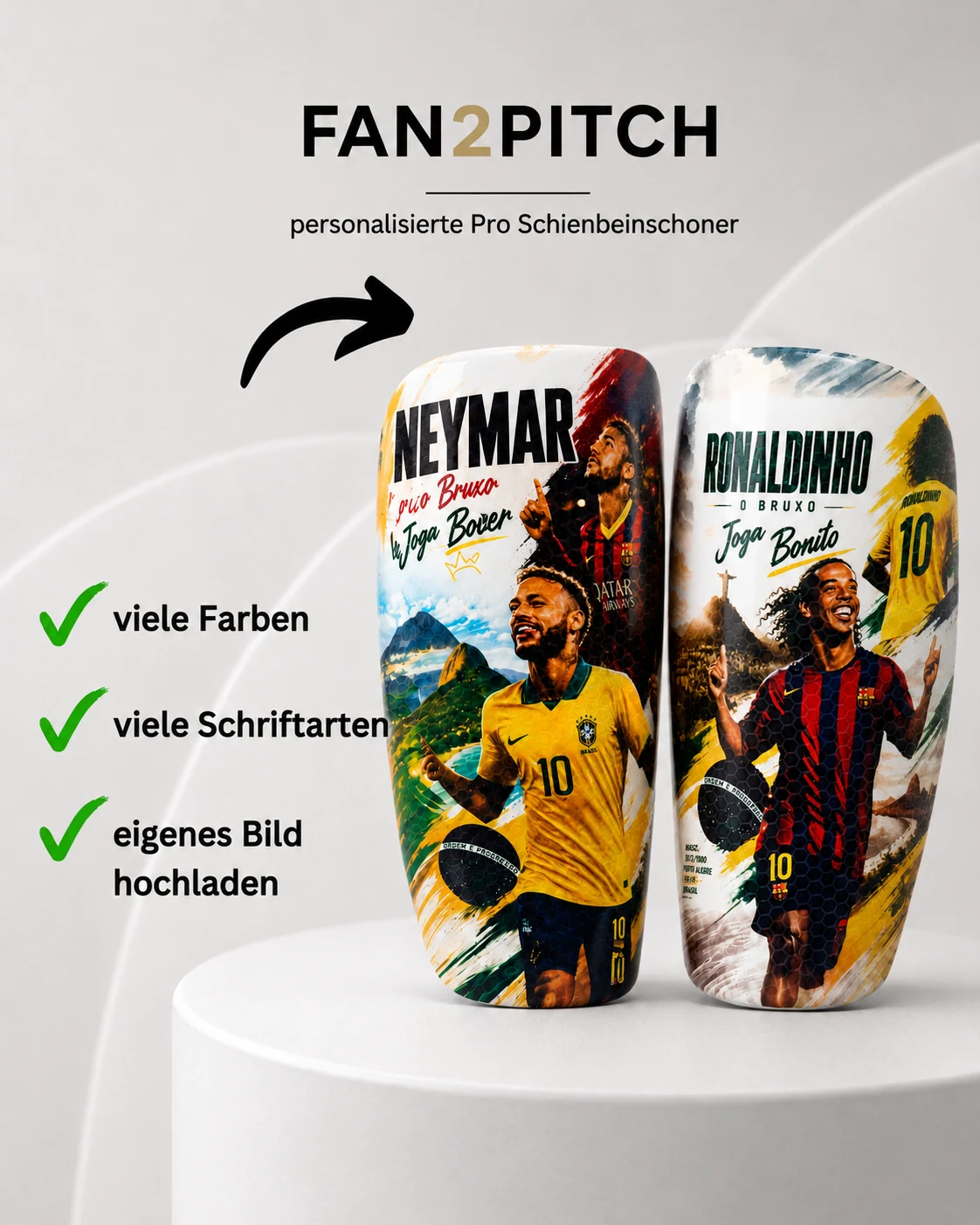 Personalisierte Fan2Pitch Pro Schienbeinschoner im Joga-Bonito-Design mit Neymar und Ronaldinho – viele Farben, Schriftarten und eigenes Bild