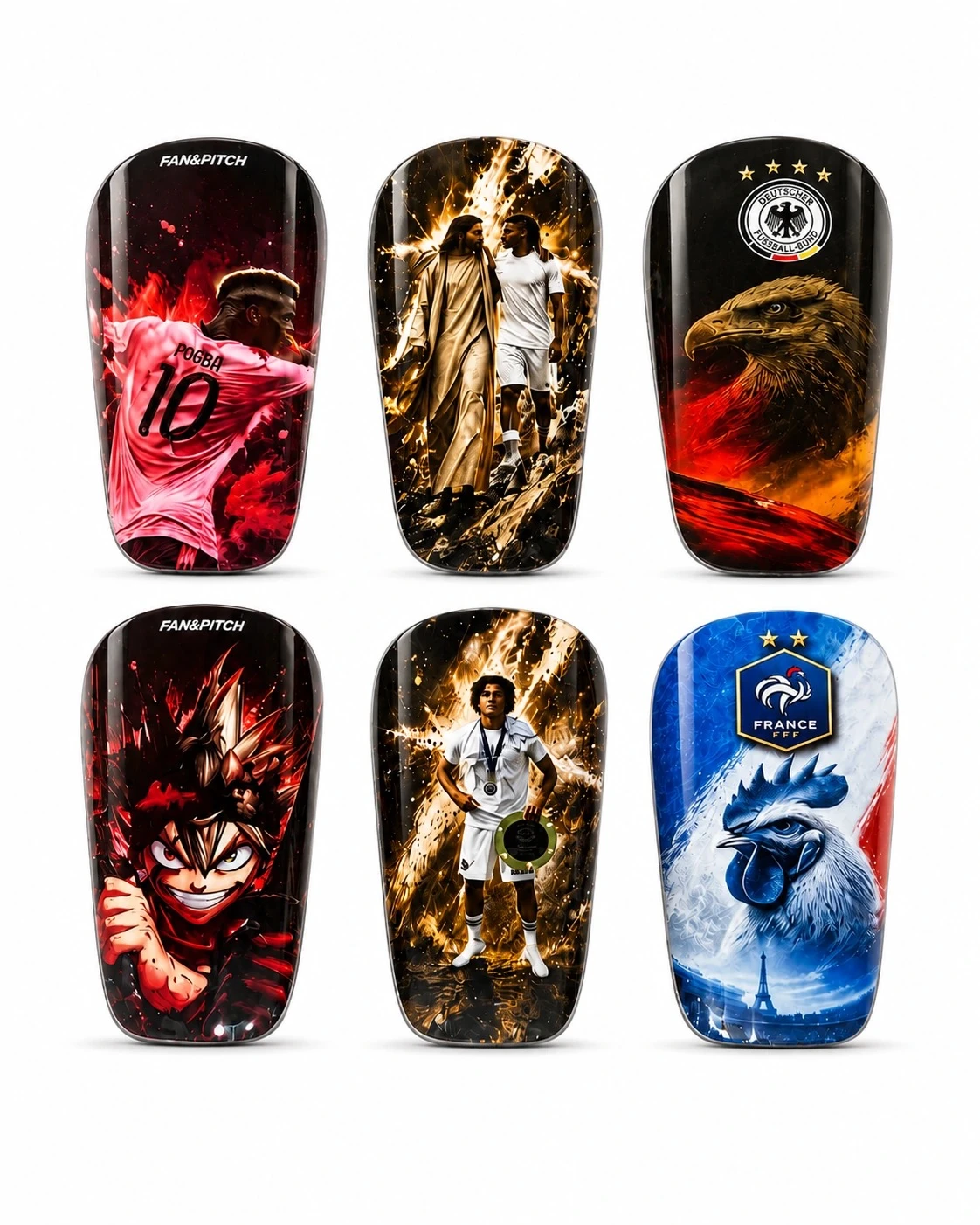Personalisierte Schienbeinschoner von Fan2Pitch – Kollektion verschiedener Mini und Pro Designs