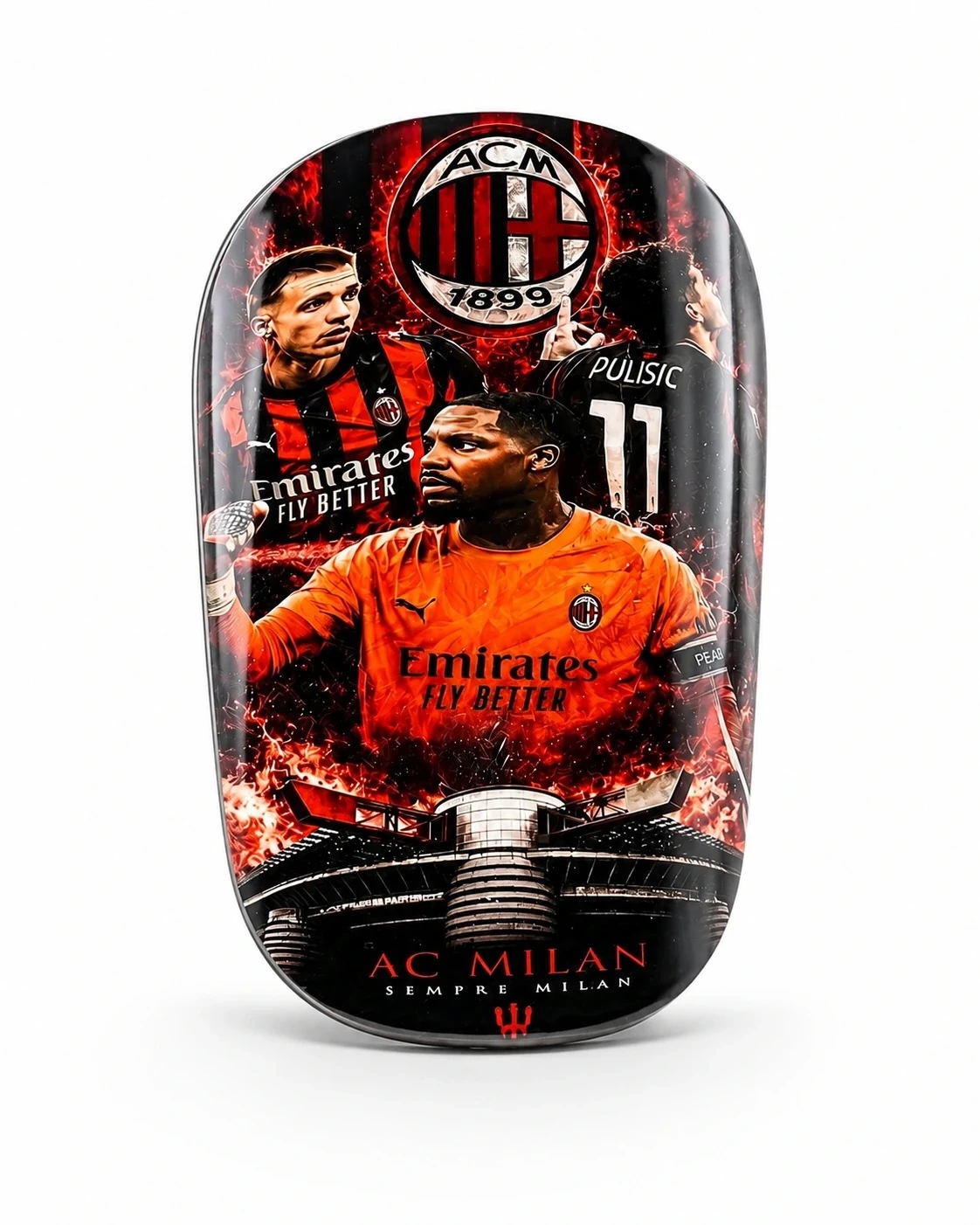 Personalisierter Fan2Pitch Mini Schienbeinschoner im AC Mailand Design in Rot-Schwarz mit Spielerfoto