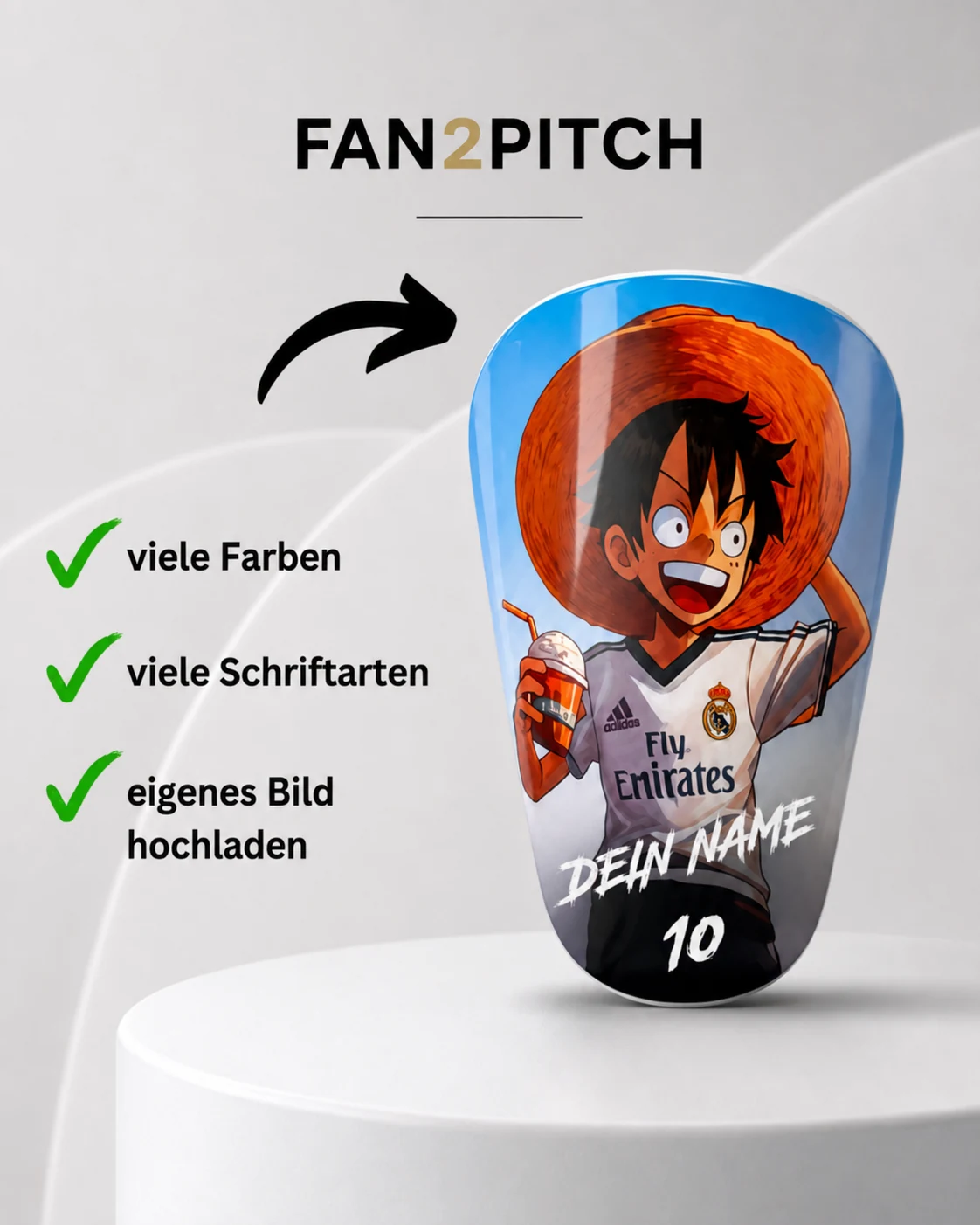 Fan2Pitch Mini Schienbeinschoner personalisiert mit Name und Nummer – viele Farben, viele Schriftarten, eigenes Bild hochladen